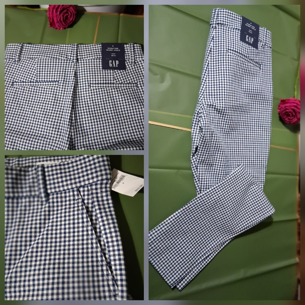 🔥NWT GAP SIGNATURE SKINNY ANKLE NAVY White Pants Size 4 & FREE GIFT